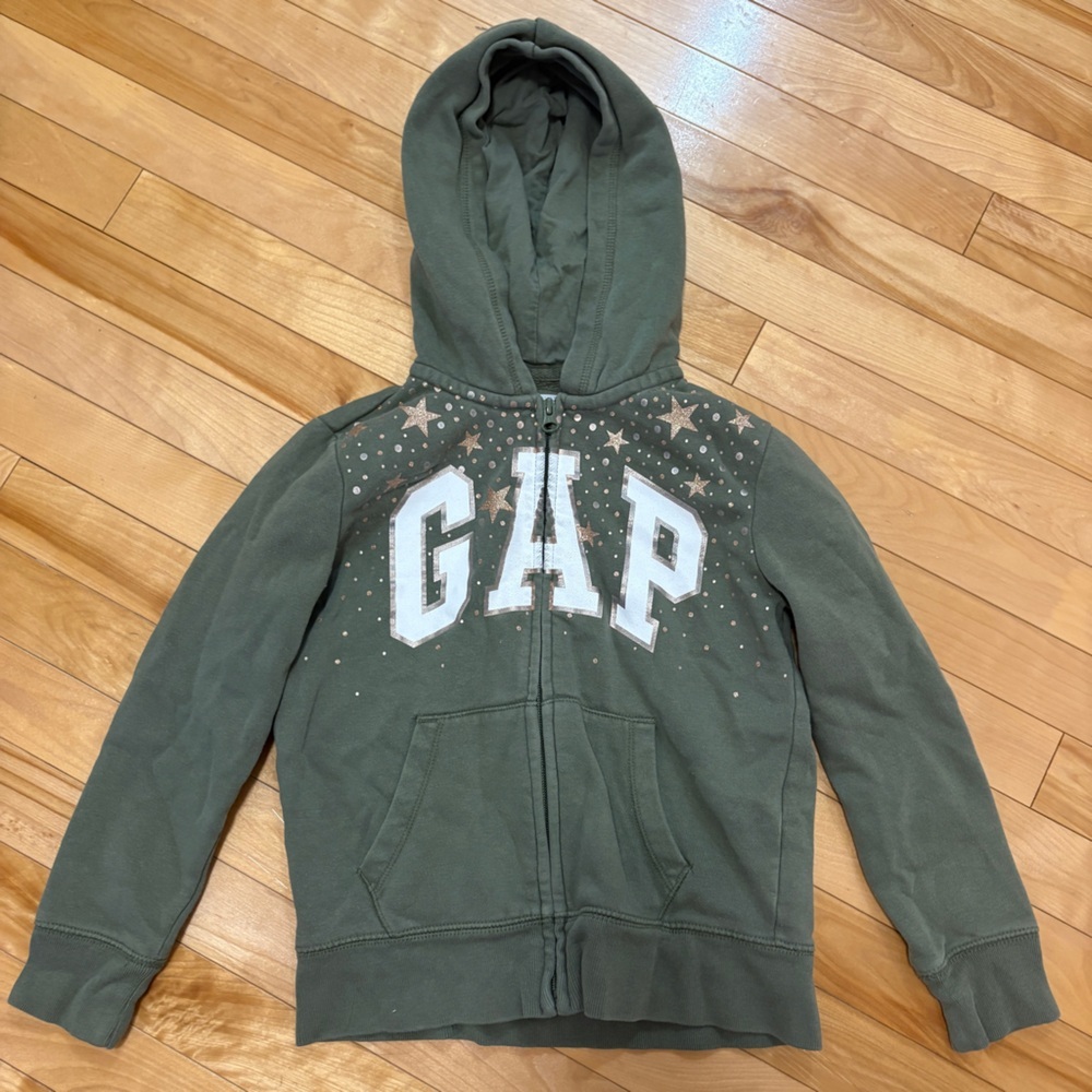GAP kids girls hoodie zip up sweater Size Medium Olive Green Stars